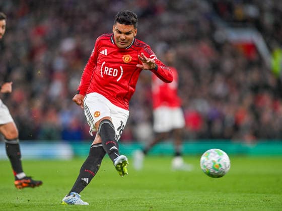 Manchester United, ManU v Brentford Premier League Casemiro of Manchester United shoots during the Premier League match at Old Trafford, Manchester 27 04 2026 UK Newspapers OUT Copyright: xKarlxVallantinex FIL-23356-0035