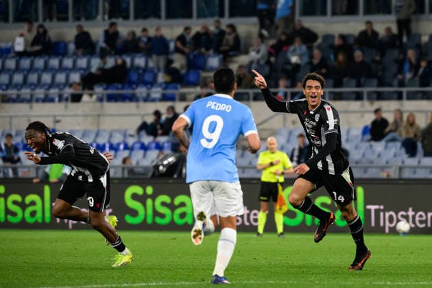 Arthur Atta of Udinese Calcio (r) celebrates after scoring the goal of 2-3 during the Serie A 2025 2026 football match between SS Lazio and Udinese Calcio at Stadio Olimpico in Rome (Italy), April 27, 2026. AndreaxStaccioli
