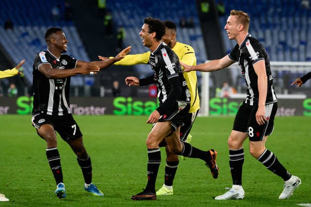 Arthur Atta of Udinese Calcio (c) celebrates with team mates after scoring the goal of 2-3 during the Serie A 2025 2026 football match between SS Lazio and Udinese Calcio at Stadio Olimpico in Rome (Italy), April 27, 2026. AndreaxStaccioli