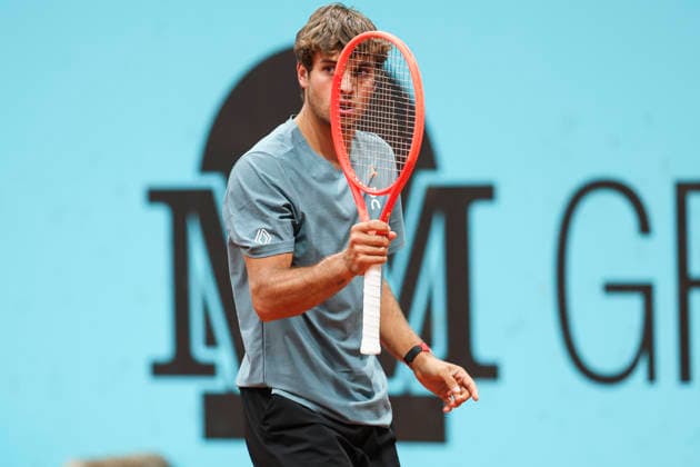 April 27, 2026, Madrid, Madrid, Spain: Flavio Cobolli of Italy reacts against Adolfo Daniel Vallejo of Paraguay during the Mutua Madrid Open 2026, ATP, Tennis Herren Masters 1000 and WTA, Tennis Damen 1000, at La Caja Magica on April 27, 2026 in Madrid, Spain. Madrid Spain - ZUMAa181 20260427_zaa_a181_594 Copyright: xIrinaxR.xHipolitox