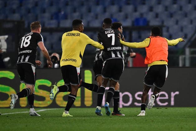 Arthur Atta of Udinese Calcio celebrates after scoring the goal of 2-3 during the 34th matchday of the Serie A championship between S.S. Lazio and Udinese Calcio at the Olympic Stadium on April 27, 2026 in Rome, Italy.  Copyright: xDomenicoxCippitelli IPAxSportx xipa-agency.netx xx IPA_74281122 IPA_Agency_IPA74281122