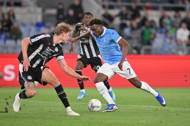 27th April 2026, Stadio Olimpico, Rome, Italy; Italian Serie A Football; Lazio versus Udinese; Fisayo Dele-Bashiru of SS Lazio under pressure from Jakub Piotrowski of Udinese AllShotLive