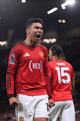Football - Premier League - Manchester United, ManU v Brentford 27th April 2026 - Premier League - Manchester United v Brentford - Casemiro of Manchester United celebrates - Photo: Simon Stacpoole Offside. Manchester UK Copyright: xSimonxStacpoolexOffside