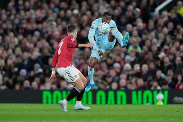 27th April 2026; Old Trafford, Manchester, England; Premier League Football, Manchester United, ManU versus Brentford; Dango Ouattara of Brentford controls the ball under pressure from Diogo Dalot of Manchester United StevexFlynn