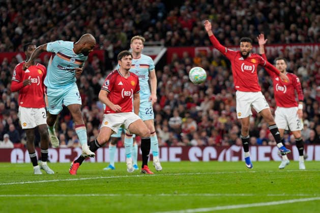27th April 2026; Old Trafford, Manchester, England; Premier League Football, Manchester United, ManU versus Brentford; Igor Thiago of Brentford heads the ball at the United goal StevexFlynn