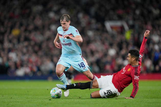 27th April 2026; Old Trafford, Manchester, England; Premier League Football, Manchester United, ManU versus Brentford; Casemiro of Manchester United slides in to tackle Yehor Yarmolyuk StevexFlynn