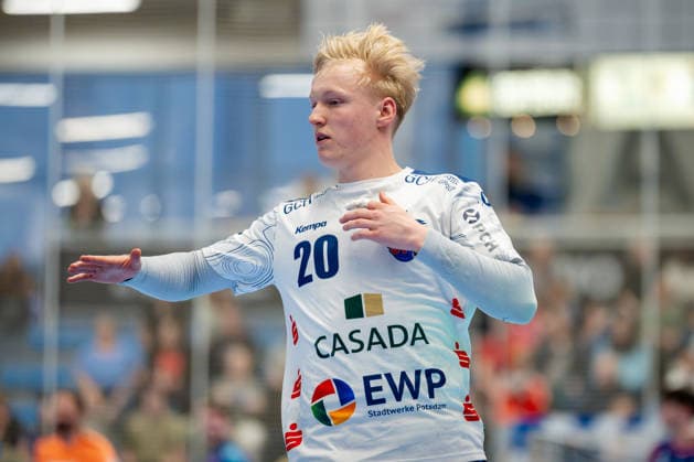 Dormagen, 27.04.2026, Handball, Herren, 2. Bundesliga, 29. Spieltag, 2025 2026: TSV Bayer Dormagen 1. VFL Potsdam Tim Hildenbrand (1. VfL Potsdam, 20) während des Spiels