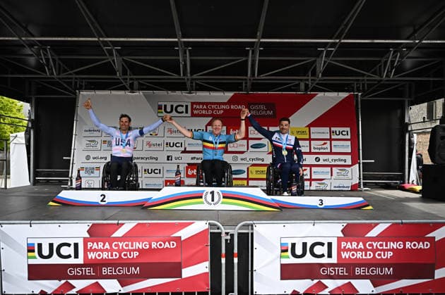 UCI Para Cycling Road World Cup: Round 2 Picture by Mathew Wells SWpix.com - 28 04 2026 - Cycling - UCI Para Cycling Road World Cup: Round 2 - Gistel, West Flanders, Belgium - Men H3 Individual Time Trial (ITT) Podium - Marvin Odent (Belgium) wins the gold medal, Ryan Pinney (USA) wins the silver medal, Johan Quaile (France) wins the bronze medal Copyright: x xSWpix.comx(t axPhotographyxHubxLtd)xMathewxWells SWpix.comx SWP-3030-13472
