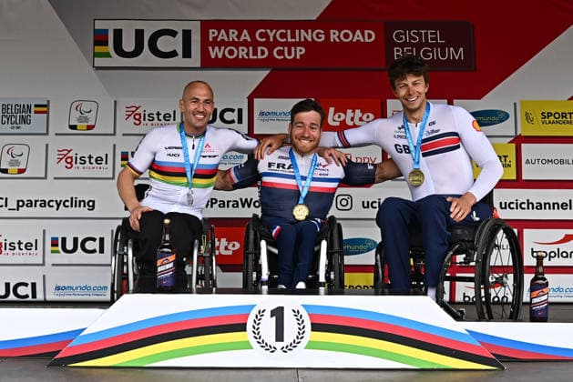 UCI Para Cycling Road World Cup: Round 2 Picture by Mathew Wells SWpix.com - 28 04 2026 - Cycling - UCI Para Cycling Road World Cup: Round 2 - Gistel, West Flanders, Belgium - Men H4 Individual Time Trial (ITT) Podium - Joseph Fritsch (France) wins the gold medal, Thomas Frühwirth (Austria) wins the silver medal, Callum Russell (Great Britain) wins the bronze medal Copyright: x xSWpix.comx(t axPhotographyxHubxLtd)xMathewxWells SWpix.comx SWP-3030-13473