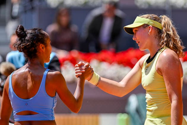 April 28, 2026, Madrid, Madrid, Spain: LEYLAH FERNANDEZ of Canada and MIRRA ANDREEVA of Russian †WILSON during the Mutua Madrid Open 2026, ATP, Tennis Herren Masters 1000 and WTA, Tennis Damen 1000 tennis tournament, celebrated at Caja Magica on April 28, 2026 in Madrid, Spain. Madrid Spain - ZUMAc312 20260428_zsp_c312_242 Copyright: xOscarxManuelxSanchezx