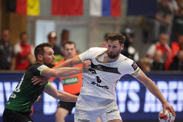 RK Nexe v THW Kiel - EHF European League Men 2025 2026 Tin Lucin of RK Nexe and Harald Reinkind of THW Kiel during the EHF European League Men 2025 26 quarter-finals 1st leg match between RK Nexe and THW Kiel at Sports Hall King Tomislav on April 28, 2026 in Nasice, Croatia.  DavidxJerkovic PIXSELL
