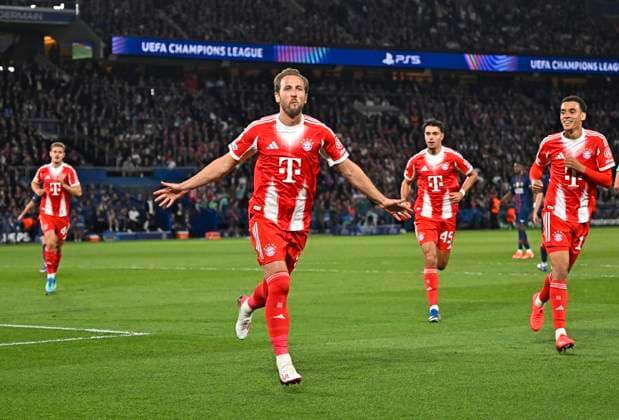 28.04.2026, Fussball UEFA Championsleague 2025 2026: Halbfinale Hinspiel, Paris St. Germain - FC Bayern München, im Stadion Parc de Princes in Paris (Frankreich). Torjubel von Harry Kane (FC Bayern München) nach dem 0:1