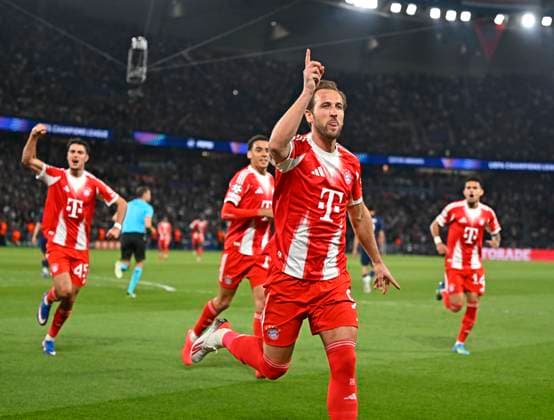 28.04.2026, Fussball UEFA Championsleague 2025 2026: Halbfinale Hinspiel, Paris St. Germain - FC Bayern München, im Stadion Parc de Princes in Paris (Frankreich). Torjubel von Harry Kane (FC Bayern München) nach dem 0:1