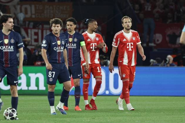 PSG - BAYERN PHOTOPQR LE PARISIEN LP Fred Dugit (Staff) ; Paris ; 28 04 2026 ; Sports Parc des Princes, Paris (XVIe), le 28 04 2026 Demi-finale aller de ligue des Champions Psg-Bayern Munich Marquinhos (5), Michael Olise (17) et Harry Kane (9) LP Fred Dugit Paris, France, april 28th 2026. Champions League. Semi-final (First leg) Paris PSG - Bayern Munich.