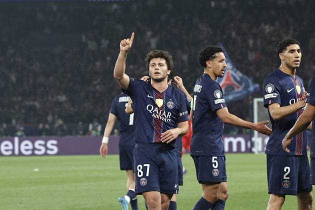 PSG - BAYERN PHOTOPQR LE PARISIEN LP Fred Dugit (Staff) ; Paris ; 28 04 2026 ; Sports Parc des Princes, Paris (XVIe), le 28 04 2026 Demi-finale aller de ligue des Champions Psg-Bayern Munich Joao Neves (87) joie, but du 2-1 tête de Joao Neves (87) LP Fred Dugit Paris, France, april 28th 2026. Champions League. Semi-final (First leg) Paris PSG - Bayern Munich.