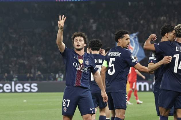 PSG - BAYERN PHOTOPQR LE PARISIEN LP Fred Dugit (Staff) ; Paris ; 28 04 2026 ; Sports Parc des Princes, Paris (XVIe), le 28 04 2026 Demi-finale aller de ligue des Champions Psg-Bayern Munich Joao Neves (87) joie, but du 2-1 tête de Joao Neves (87) LP Fred Dugit Paris, France, april 28th 2026. Champions League. Semi-final (First leg) Paris PSG - Bayern Munich.