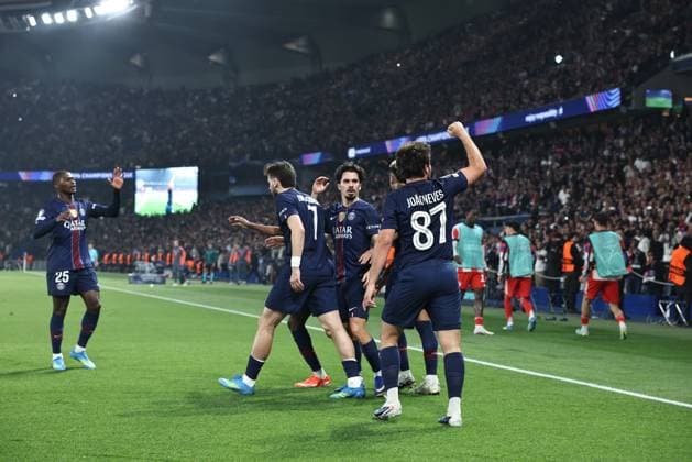 PSG - BAYERN PHOTOPQR LE PARISIEN LP Fred Dugit (Staff) ; Paris ; 28 04 2026 ; Sports Parc des Princes, Paris (XVIe), le 28 04 2026 Demi-finale aller de ligue des Champions Psg-Bayern Munich Joie, but du 2-1 tête de Joao Neves (87) LP Fred Dugit Paris, France, april 28th 2026. Champions League. Semi-final (First leg) Paris PSG - Bayern Munich.