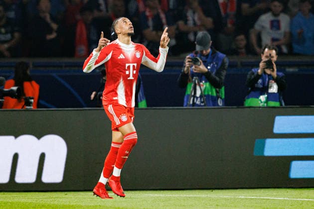 Michael Olise seen celebrating after scoring goal during UEFA Champions League semifinal game between teams of Paris Saint-Germain Football Club and FC Bayern Munchen (Maciej Rogowski Ball Raw Images PT) Paris Parc des Princes France Copyright: xMaciejxRogowskix maciejrogowski_psg_bayern_2526-11-2