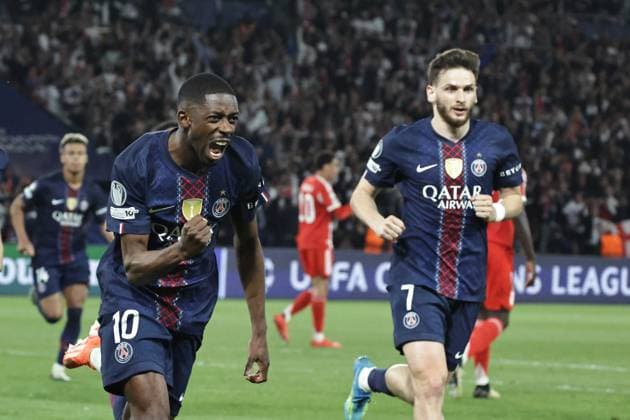 PSG - BAYERN PHOTOPQR LE PARISIEN LP Fred Dugit (Staff) ; Paris ; 28 04 2026 ; Sports Parc des Princes, Paris (XVIe), le 28 04 2026 Demi-finale aller de ligue des Champions Psg-Bayern Munich Ousmane Dembélé (10) joie du penalty de Ousmane Dembélé (10) 3-2 LP Fred Dugit Paris, France, april 28th 2026. Champions League. Semi-final (First leg) Paris PSG - Bayern Munich.