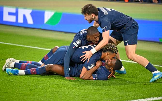 28.04.2026, Fussball UEFA Championsleague 2025 2026: Halbfinale Hinspiel, Paris St. Germain - FC Bayern München, im Stadion Parc de Princes in Paris (Frankreich). Ousmane Dembele (FC Paris Saint-Germain) Torjubel