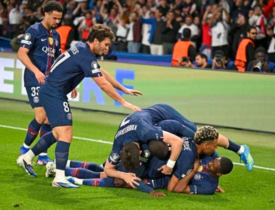 28.04.2026, Fussball UEFA Championsleague 2025 2026: Halbfinale Hinspiel, Paris St. Germain - FC Bayern München, im Stadion Parc de Princes in Paris (Frankreich). Ousmane Dembele (FC Paris Saint-Germain) Torjubel