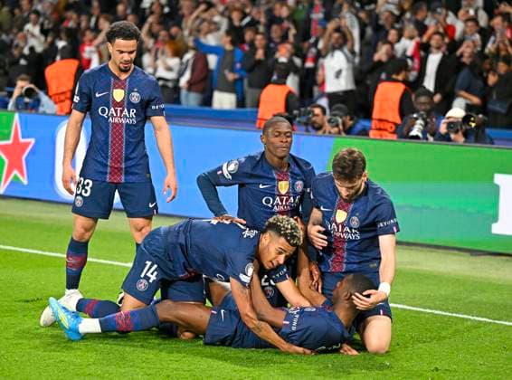 28.04.2026, Fussball UEFA Championsleague 2025 2026: Halbfinale Hinspiel, Paris St. Germain - FC Bayern München, im Stadion Parc de Princes in Paris (Frankreich). Ousmane Dembele (FC Paris Saint-Germain) Torjubel