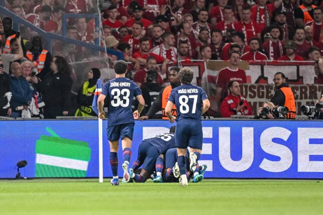 Ousmane Dembele (Paris Saint-Germain FC) celebrates after scoring his team s fifth goal with teammates during the UEFA Champions League 2025 26 Semi Final First Leg match between Paris Saint-Germain and FC Bayern München at Parc des Princes on April 28, 2026 in Paris, France. (Photo by Harry Langer DeFodi Images) -