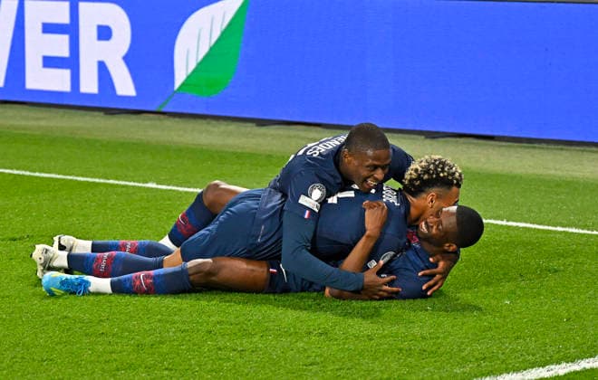 28.04.2026, Fussball UEFA Championsleague 2025 2026: Halbfinale Hinspiel, Paris St. Germain - FC Bayern München, im Stadion Parc de Princes in Paris (Frankreich).Ousmane Dembele (FC Paris Saint-Germain) Torjubel