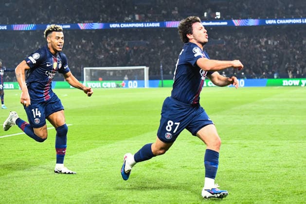 FOOTBALL : Paris Saint Germain vs FC Bayern Munich - Ligue des Champions - demi finale aller - 28 04 2026 Joie des joueurs du Paris SG aprÃ s le but de Joao Neves (Paris SG) ParisFrance  Copyright: xBaptistexAutissierx