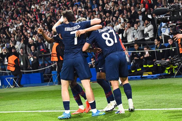 FOOTBALL : Paris Saint Germain vs FC Bayern Munich - Ligue des Champions - demi finale aller - 28 04 2026 Joie des joueurs du Paris SG aprÃ s le but de Joao Neves (Paris SG) ParisFrance  Copyright: xBaptistexAutissierx