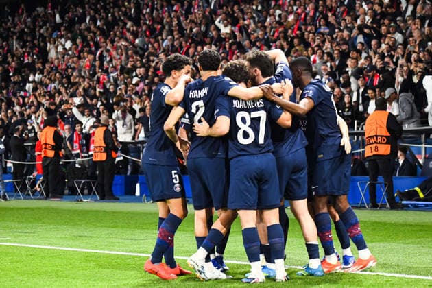 FOOTBALL : Paris Saint Germain vs FC Bayern Munich - Ligue des Champions - demi finale aller - 28 04 2026 Joie des joueurs du Paris SG aprÃ s le but de Ousmane Dembele (Paris SG) ParisFrance  Copyright: xBaptistexAutissierx