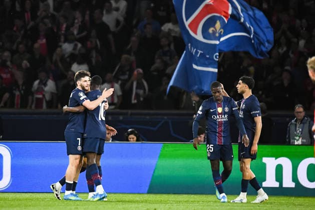 FOOTBALL : Paris Saint Germain vs FC Bayern Munich - Ligue des Champions - demi finale aller - 28 04 2026 Joie des joueurs du Paris SG aprÃ s le 2e but de Khvicha Kvaratskhelia (Paris SG) ParisFrance  Copyright: xBaptistexAutissierx