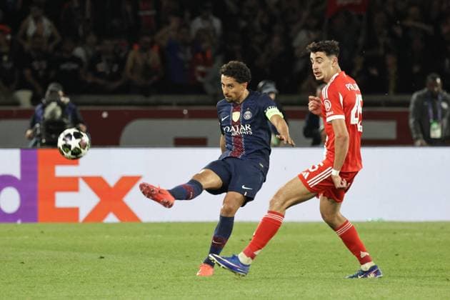 PSG BAYERN MUNICH PHOTOPQR LE PARISIEN LP Fred Dugit (Staff) ; Paris ; 28 04 2026 ; Sports Parc des Princes, Paris (XVIe), le 28 04 2026 Demi-finale aller de ligue des Champions Psg-Bayern Munich Marquinhos (5) LP Fred Dugit Paris; April 28, 2026; Sports Parc des Princes, Paris (16th arrondissement), April 28, 2026 Champions League semi-final first leg: PSG vs. Bayern Munich