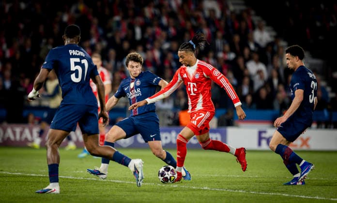 Paris, France. 28th Apr 2026. Michael Olise (FCB) scores the goal to 2:2 Joao Neves (Paris) Paris Saint-Germain - FC Bayern München 28.04.2026