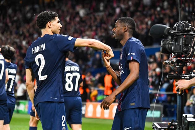 FOOTBALL : Paris Saint Germain vs FC Bayern Munich - Ligue des Champions - demi finale aller - 28 04 2026 Joie des joueurs du Paris SG aprÃ s le but de Ousmane Dembele (Paris SG) ParisFrance  Copyright: xBaptistexAutissierx