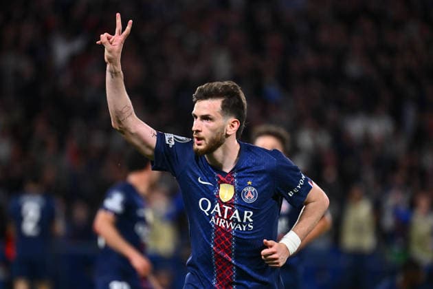 PARIS, FRANCE - APRIL 28: Khvicha Kvaratskhelia of Paris Saint Germain celebrates after scoring during the UEFA Champions League 2025 26 Semi Final First Leg match between Paris Saint-Germain and FC Bayern Munchen at Parc des Princes on April 28, 2026 in Paris, France.  Copyright: xMBxMediax