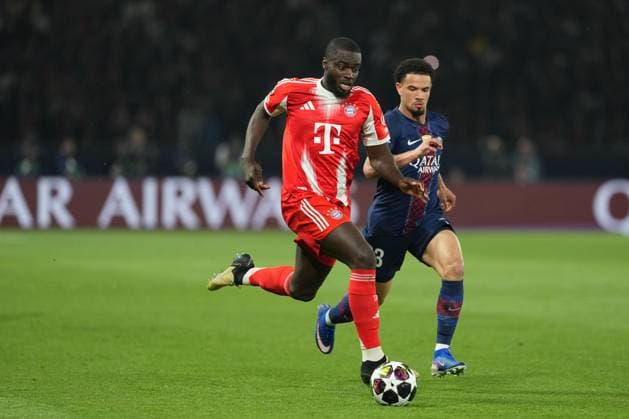 Dayot Upamecano of Bayern Munich takes on Warren Zaire Emery of PSG Paris Saint-Germain v Bayern Munich, UEFA Champions League, Semi Final, First Leg, Football, Parc des Princes, Paris, France - 28 Apr 2026Paris Parc des Princes France EDITORIAL USE ONLY No use with unauthorised audio, video, data, fixture lists, club league logos or live services. Online in-match use limited to 120 images, no video emulation. No use in betting, games or single club league player publications. Copyright: xDavexWinter Shutterstockx 16847969lq