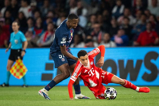 UEFA Champions League - Paris Saint-Germain v Bayern Munich Paris Saint-Germain defender Willian Pacho (51) and Bayern Munich midfielder Jamal Musiala (10) during the UEFA Champions League semi-final first leg football match between Paris Saint-Germain (PSG) and Bayern Munich at the Parc des Princes in Paris on April 28, 2026. Photo by Alexis Jumeau ABACAPRESS.COM  Copyright: xJumeauxAlexis ABACAx