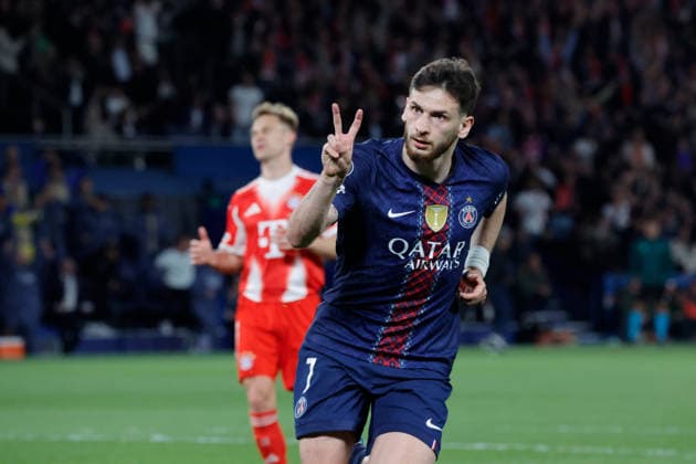 (260429) -- PARIS, April 29, 2026 -- PSG s Khvicha Kvaratskhelia celebrates after scoring during the UEFA Champions League semi-final first leg football match between Paris Saint-Germain (PSG) and Bayern Munich at the Parc des Princes in Paris, France, April 28, 2026. (Photo by Xinhua) (SP)FRANCE-PARIS-FOOTBALL-UEFA CHAMPIONS LEAGUE-SEMI-FINAL-PSG VS BAYERN MUNICH HenrixSzwarc 