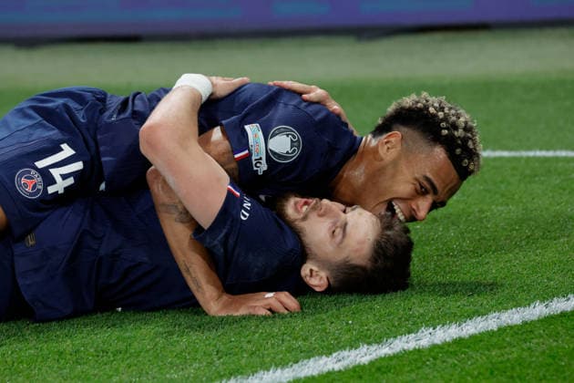 (260429) -- PARIS, April 29, 2026 -- PSG s Khvicha Kvaratskhelia (below) celebrates with his teammate Desire Doue after scoring during the UEFA Champions League semi-final first leg football match between Paris Saint-Germain (PSG) and Bayern Munich at the Parc des Princes in Paris, France, April 28, 2026. (Photo by Xinhua) (SP)FRANCE-PARIS-FOOTBALL-UEFA CHAMPIONS LEAGUE-SEMI-FINAL-PSG VS BAYERN MUNICH HenrixSzwarc 