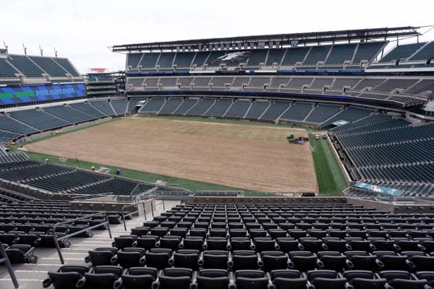 April 28, 2026, Washington Dc, Virginia, USA: Contractors work to prepare the field and the bleachers at Lincoln Financial Field, one of the stadiums hosting the 2026 FIFA World Cup, WM, Weltmeisterschaft, Fussball at Lincoln Financial Field in Philadelphia, USA, on April 28, 2026. Philadelphia Stadium will host six matches at the FIFA World Cup 2026, including one knockout-stage fixture on American Independence Day. The full match schedule for the biggest-ever FIFA World Cup has now been unveiled, giving the framework for the 104-game tournament featuring 48 teams across 16 host cities in three countries Ã Canada, Mexico, and the United States. Washington Dc USA - ZUMAs337 20260428_znp_s337_022 Copyright: xGentxShkullakux