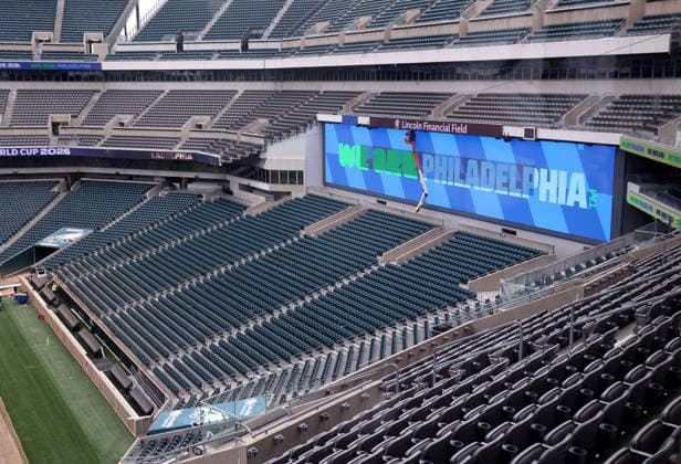 April 28, 2026, Washington Dc, Virginia, USA: Contractors work to prepare the field and the bleachers at Lincoln Financial Field, one of the stadiums hosting the 2026 FIFA World Cup, WM, Weltmeisterschaft, Fussball at Lincoln Financial Field in Philadelphia, USA, on April 28, 2026. Philadelphia Stadium will host six matches at the FIFA World Cup 2026, including one knockout-stage fixture on American Independence Day. The full match schedule for the biggest-ever FIFA World Cup has now been unveiled, giving the framework for the 104-game tournament featuring 48 teams across 16 host cities in three countries Ã Canada, Mexico, and the United States. Washington Dc USA - ZUMAs337 20260428_znp_s337_023 Copyright: xGentxShkullakux