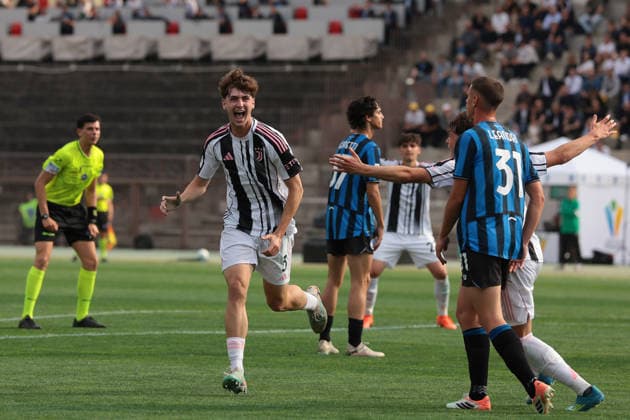 Milan, Italy, 29th April 2026. Niccolo Rizzo of Juventus celebrates with team mates after scoring to give the side a 1-0 lead during the Atalanta U20 vs Juventus U20 Primavera Coppa Italia Primavera Final at Arena Civica Gianni Brera, Milan. Picture credit should read: Jonathan Moscrop Sportimage EDITORIAL USE ONLY. No use with unauthorised audio, video, data, fixture lists, club league logos or live services. Online in-match use limited to 120 images, no video emulation. No use in betting, games or single club league player publications. SPI_002_JM_ATALANTA_JUVE_U20_FINAL SPI-4762-0002