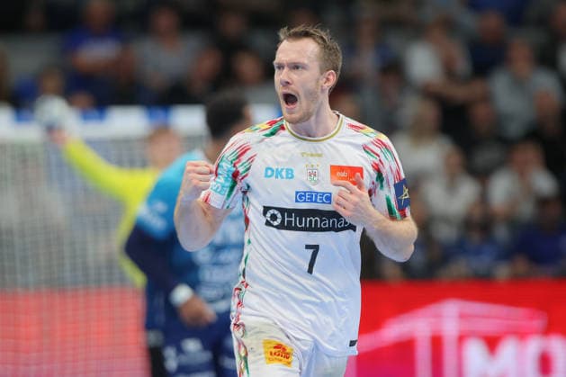 29.04.2026, xtgx, Handball, EHF Champions League 1 4 Finale, Pick Szeged - SC Magdeburg v.l. Felix Claar (Magdeburg, 7) Jubel, Torjubel, jubelt ueber das Tor, celebrate the goal, celebration Szegend