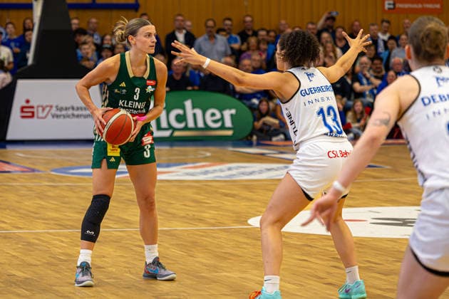 Damen Basketball Bundesliga 1. DBBL, BC Pharmaserv Marburg vs. Rutronik Stars Keltern, Sporthalle Georg-Gassmann-Stadion Marburg; 29.04.2026 Damen Basketball Bundesliga DBBL, Marburg, Germany - 29.04.2026: Alexandra Wilke (Rutronik Stars Keltern, 3) am Ball gegen Sara Guerreiro (BC Marburg, 13), 1. DBBL, Spiel des BC Marburg vs. Rutronik Stars Keltern, Sporthalle Georg-Gassmann-Stadion Marburg Copyright: xBEAUTIFULxSPORTS Freudensteinx