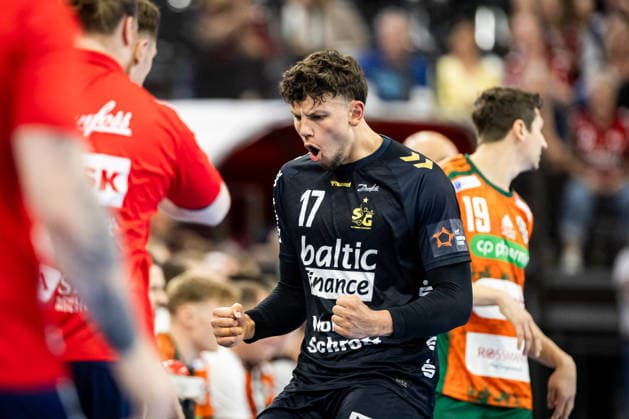 FLENSBURG, GERMANY - APRIL 29: celebration goal celebration Marko Grgic (SG Flensburg-Handewitt, 17) during the EHF European League quarter-final match between SG Flensburg-Handewitt vs Recken - TSV Hannover-Burgdorf at GP JOULE Arena, on matchday April 29, 2026 in Flensburg, Germany. Schleswig-Holstein Germany Copyright: xMarioxM.xKobergx