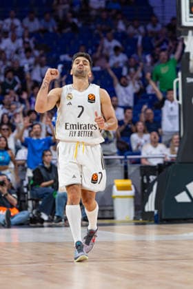 ESP: Real Madrid v Hapoel IBI Tel Aviv Euroleague PlayOff Game 1 Facundo Campazzo of Real Madrid celebrates the shoot for three points of Real Madrid during the Euroleague match, PlayOff Game 1, between Real Madrid and Hapoel IBI Tel Aviv played at Movistar Arena Stadium on April 29 2026 in Madrid Spain Madrid Spain Basketball Copyright: xAlbaxPachecox xAgenciaxLOFx