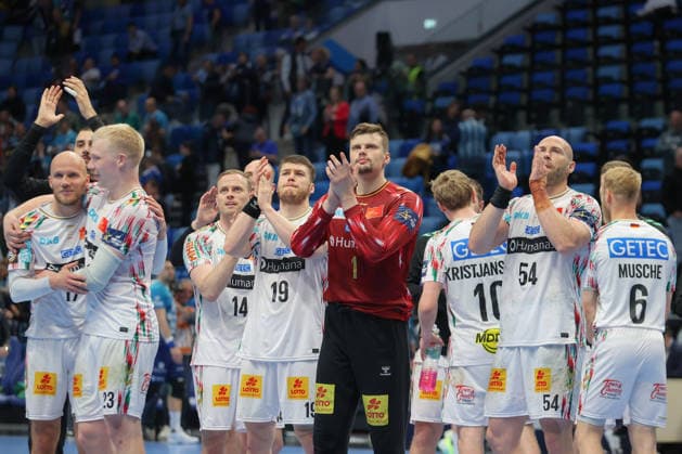 29.04.2026, xtgx, Handball, EHF Champions League 1 4 Finale, Pick Szeged - SC Magdeburg v.l. Magdeburg Jubel ueber den Sieg, Jubel nach Spielende Szegend