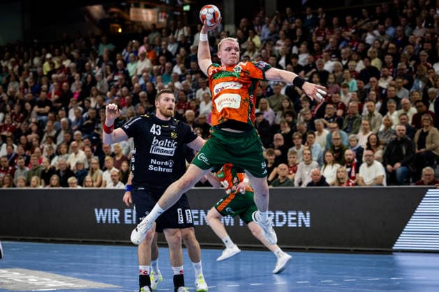 FLENSBURG, GERMANY - APRIL 29: Justus Fischer (Recken - TSV Hannover-Burgdorf, 54) during the EHF European League quarter-final match between SG Flensburg-Handewitt vs Recken - TSV Hannover-Burgdorf at GP JOULE Arena, on matchday April 29, 2026 in Flensburg, Germany. Schleswig-Holstein Germany Copyright: xMarioxM.xKobergx