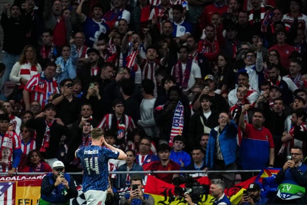260429 Viktor Gyökeres of Arsenal celebrates during the UEFA Champions League semifinal match between Atletico Madrid and Arsenal on April 29, 2026 in Madrid. Photo: Bagu Blanco BILDBYRAN COP 18 XY0118 fotboll football soccer fotball uefa champions league champions league semifinal semifinals atletico madrid arsenal bbeng jubel Copyright: BAGUxBLANCO BB260429BB395